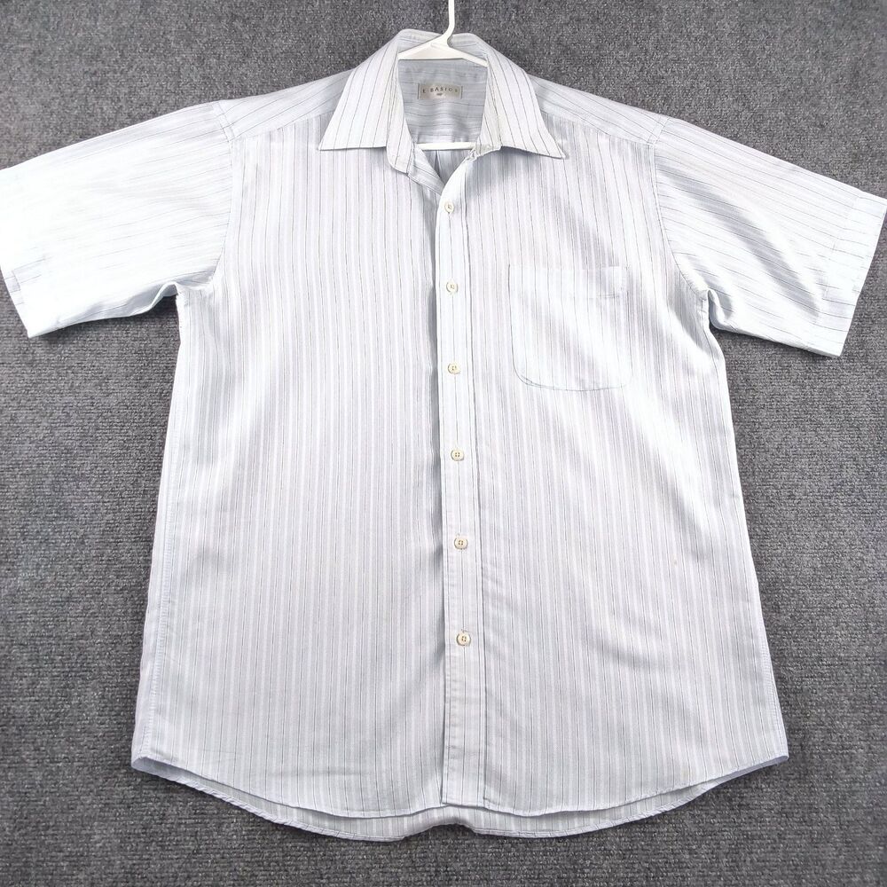 E-BASICS Mens 100 Shirt Blue Stripe Short Sleeve